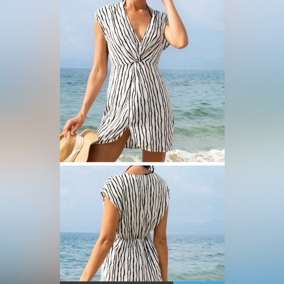 Cupshe  Zebra Print White/Black Bathing Suit Coverup Dress Striped V-nec… - Picture 3 of 3